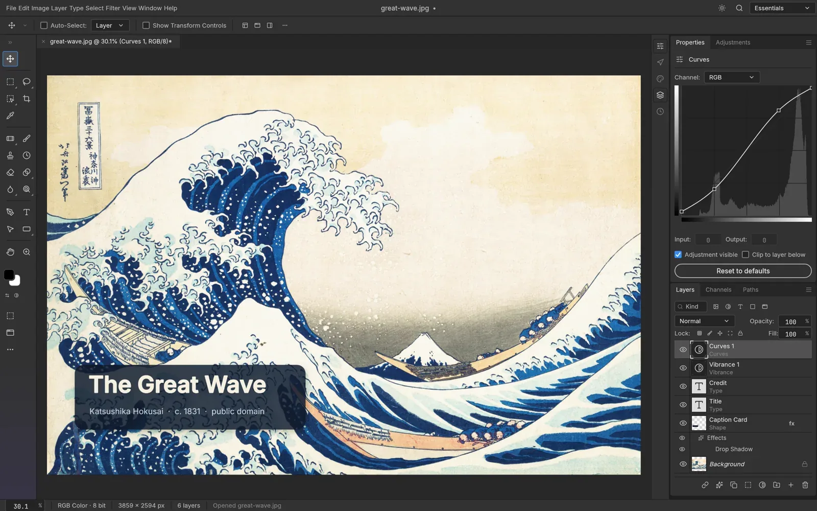 The PhotoCraft editor with The Great Wave open, a Curves adjustment in the Properties panel and the Layers panel on the right.
