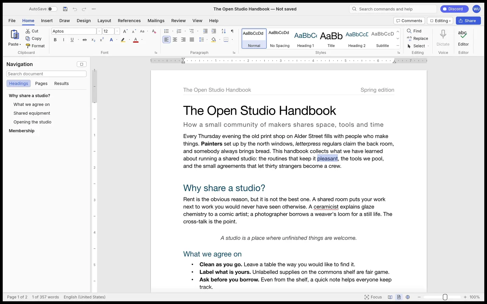 WordCraft's main window: a document called The Open Studio Handbook, with the ribbon and styles gallery above, a navigation panel on the left and the page in the middle.