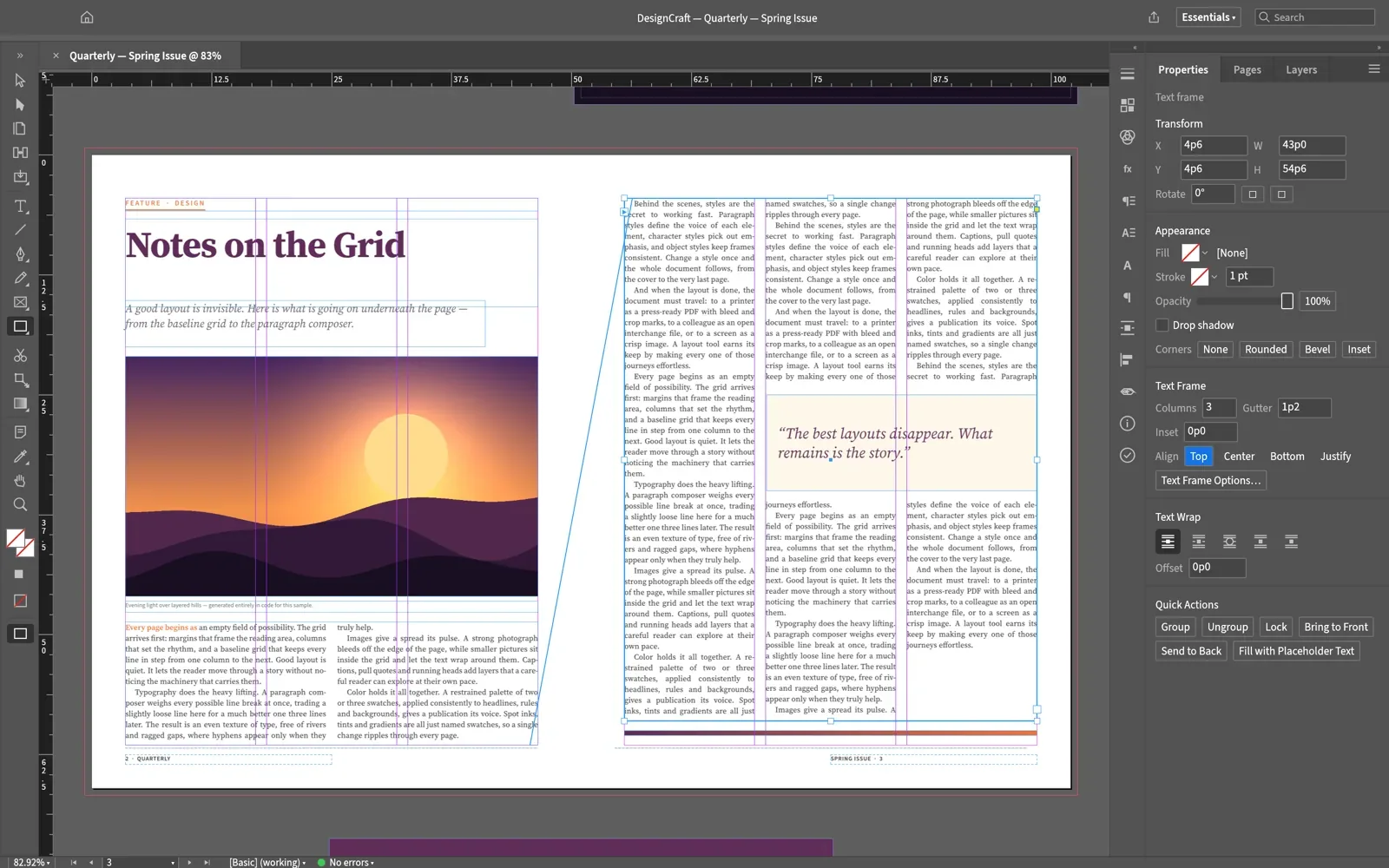 DesignCraft's main screen: a two-page magazine spread, Notes on the Grid, with text columns, an image and a pull quote, and the properties panel on the right.
