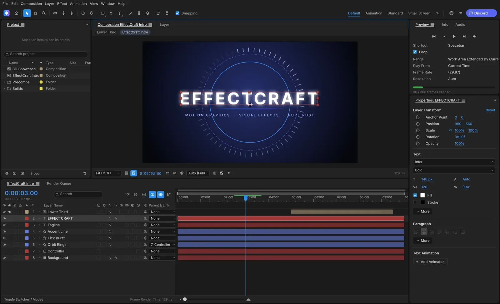 EffectCraft's main screen: an animated title, EffectCraft, on the preview canvas, with the layer timeline below and the project, preview and properties panels around it.