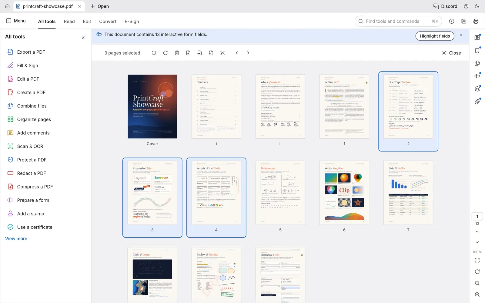 PdfCraft's page organiser: a document's pages shown as thumbnails, three of them selected, with a list of PDF tools on the left.
