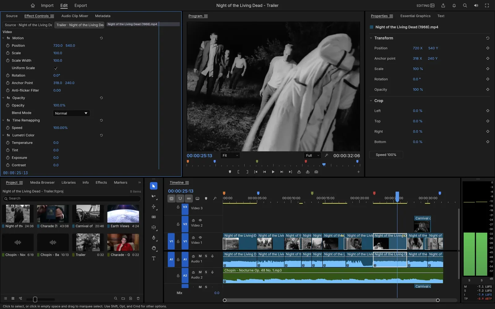 FilmCraft's editing screen: a black-and-white film clip in the program monitor, effect controls on the left and the timeline with video and audio tracks below.