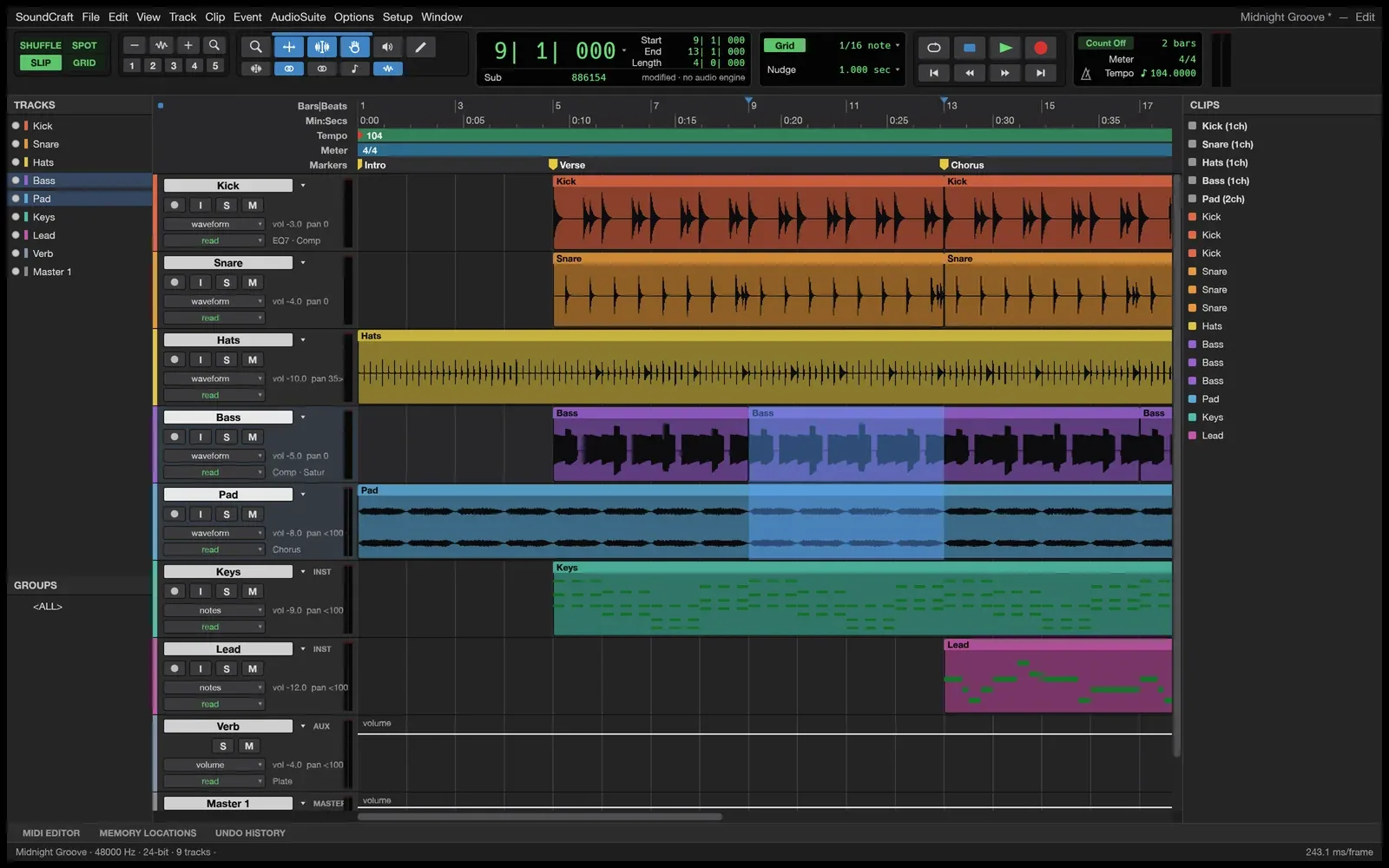 SoundCraft's Edit window: a session called Midnight Groove with nine tracks and their audio and MIDI clips on a timeline, and the clip list on the right.