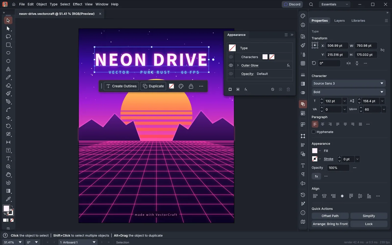 VectorCraft's main window with a neon synthwave poster open, showing the tool bar, the Appearance panel and the Properties panel.